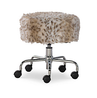 Roll with a seat full of style, comfort and functionality. The Lexi snow leopard stool will bring versatility and mobility to your workspace. Perfect for rolling up to a desk, work table, vanity or craft space, this stool's five easy roll casters makes it perfectly mobile for wherever you need to move it. Its 360-degree swivel and plush adjustable seat lets you make adjustments for comfort and purpose. Upholstered in a snow leopard faux fur fabric, this inviting stool will add a touch of beauty and modern charm wherever it's needed.Made of engineered wood, metal, plastic, foam and fabric | Multipurpose design | Plush seat in leopard faux fur fabric upholstery | Seat height adjustable with gas lift | 360-degree swivel | Chrome metal base with plastic casters | Assembly required