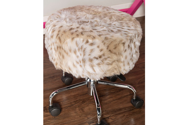 Roll with a seat full of style, comfort and functionality. The Lexi snow leopard stool will bring versatility and mobility to your workspace. Perfect for rolling up to a desk, work table, vanity or craft space, this stool's five easy roll casters makes it perfectly mobile for wherever you need to move it. Its 360-degree swivel and plush adjustable seat lets you make adjustments for comfort and purpose. Upholstered in a snow leopard faux fur fabric, this inviting stool will add a touch of beauty and modern charm wherever it's needed.Made of engineered wood, metal, plastic, foam and fabric | Multipurpose design | Plush seat in leopard faux fur fabric upholstery | Seat height adjustable with gas lift | 360-degree swivel | Chrome metal base with plastic casters | Assembly required