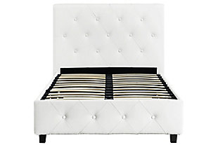 Trend alert! The luxurious Nikita twin bed boasts clean lines, a fabulous faux leather upholstery and diamond button-tufted details for an ultra-chic aesthetic. Sumptuously padded for added comfort, this decidedly contemporary upholstered bed includes a built-in wood slat system that not only provides support and ventilation but also eliminates the need for a foundation or box spring. How’s that for style and simplicity?Includes headboard, footboard, rails and wood slats | Wood frame | Faux leather upholstery on headboard, rails and footboard | Button tufting | Metal side rails for stability and durability | Center metal rail and leg for added support | Bentwood slat support system eliminates need for foundation/box spring and provides better ventilation | Mattress available, sold separately | Assembly required