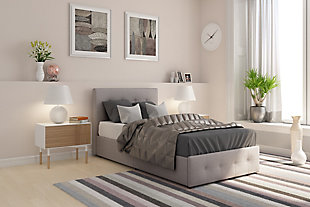 Looking to transform your bedroom with an ultra-contemporary look and a sumptuously soft touch? Rise and shine with the Rose twin upholstered bed with storage. Sporting a fresh, linen-weave fabric, button-tufted details and a decidedly clean-lined profile, it’s neither too feminine nor too masculine—just simply perfection. Making smart use of each inch of space, this full upholstered bed includes a pair of smooth-gliding drawers to accommodate everything from sheets and bedding to throws and seasonal clothes. What’s more, the bed’s built-in wood slat system not only provides support and ventilation but also eliminates the need for a foundation or box spring. How’s that for form meets function?Includes headboard, footboard, rails and wood slats | Linen upholstery on headboard, rails and footboard | Button tufting | Center legs provide extra support | Bentwood slat support system eliminates need for foundation/box spring and provides better ventilation | Mattress available, sold separately | 2 smooth-gliding drawers set on casters (both drawers on same side) | Assembly required