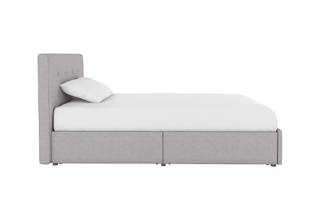 Looking to transform your bedroom with an ultra-contemporary look and a sumptuously soft touch? Rise and shine with the Rose twin upholstered bed with storage. Sporting a fresh, linen-weave fabric, button-tufted details and a decidedly clean-lined profile, it’s neither too feminine nor too masculine—just simply perfection. Making smart use of each inch of space, this full upholstered bed includes a pair of smooth-gliding drawers to accommodate everything from sheets and bedding to throws and seasonal clothes. What’s more, the bed’s built-in wood slat system not only provides support and ventilation but also eliminates the need for a foundation or box spring. How’s that for form meets function?Includes headboard, footboard, rails and wood slats | Linen upholstery on headboard, rails and footboard | Button tufting | Center legs provide extra support | Bentwood slat support system eliminates need for foundation/box spring and provides better ventilation | Mattress available, sold separately | 2 smooth-gliding drawers set on casters (both drawers on same side) | Assembly required