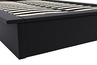 Have sweet dreams with the Maven solid platform bed. Whether you need a stylish base for your mattress, a bed for the guestroom or an upgrade for your growing child, the Maven full bed provides the right solution for your home. This popular model, designed for utmost comfort, uses a bentwood slat system to provide superior ventilation, where air passes freely under the bed to keep the mattress fresh longer. These slats also adapt to weight to offer perfect support and uniform pressure distribution, which is great news for your back and means you'll wake up feeling refreshed and ready to go. Plus, no box spring is needed, so you can splurge on the mattress of your dreams. Upholstered in faux black leather, its style coordinates with any bedroom from contemporary to timeless classic. Mattress available, sold separately.Includes bentwood slats and metal rails | Modern low profile design | Faux leather upholstery on platform | Metal side rails for stability and durability | Center metal rail and leg for added support | Bentwood slat support system eliminates need for foundation/box spring and provides better ventilation | Mattress available, sold separately | Assembly required