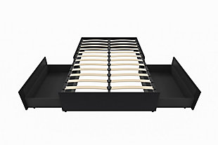 Are you tight on space and need bedroom storage? Discover the youthful charm of the Maven full platform bed in black faux leather. Hidden on each side is a roll-out drawer for extra storage—perfect for keeping your bedding, extra pillows, seasonal clothes, books and whatever else. The bed couldn’t be more comfortable. Its bentwood slat system allows air to circulate freely about the mattress to help keep it fresh longer. The slats also provide ample back support and pressure distribution. This bed's metal side and center rails, and center leg, deliver additional support—something that's critical for great sleep and feeling well rested. Plus, no box spring or foundation is needed. Mattress available, sold separately.Includes bentwood slats and metal rails | Modern low profile design with 2 roll-out storage drawers | Faux leather upholstery on platform | Metal side rails for stability and durability | Center metal rail and leg for added support | Bentwood slat support system eliminates need for foundation/box spring and provides better ventilation | Mattress available, sold separately | Assembly required