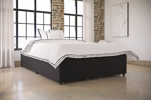 Are you tight on space and need bedroom storage? Discover the youthful charm of the Maven full platform bed in black faux leather. Hidden on each side is a roll-out drawer for extra storage—perfect for keeping your bedding, extra pillows, seasonal clothes, books and whatever else. The bed couldn’t be more comfortable. Its bentwood slat system allows air to circulate freely about the mattress to help keep it fresh longer. The slats also provide ample back support and pressure distribution. This bed's metal side and center rails, and center leg, deliver additional support—something that's critical for great sleep and feeling well rested. Plus, no box spring or foundation is needed. Mattress available, sold separately.Includes bentwood slats and metal rails | Modern low profile design with 2 roll-out storage drawers | Faux leather upholstery on platform | Metal side rails for stability and durability | Center metal rail and leg for added support | Bentwood slat support system eliminates need for foundation/box spring and provides better ventilation | Mattress available, sold separately | Assembly required