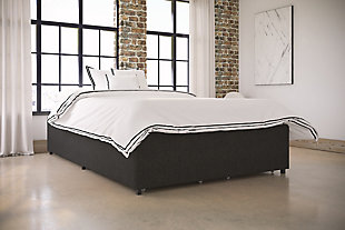 Are you tight on space and need bedroom storage? Discover the youthful charm of the Maven full platform bed in gray linen. Hidden on each side is a roll-out drawer for extra storage—perfect for keeping your bedding, extra pillows, seasonal clothes, books and whatever else. The bed couldn’t be more comfortable. Its bentwood slat system allows air to circulate freely about the mattress to help keep it fresh longer. The slats also provide ample back support and pressure distribution. This bed's metal side and center rails, and center leg, deliver additional support—something that's critical for great sleep and feeling well rested. Plus, no box spring or foundation is needed. Mattress available, sold separately.Includes bentwood slats and metal rails | Modern low profile design with 2 roll-out storage drawers | Linen upholstery on platform | Metal side rails for stability and durability | Center metal rail and leg for added support | Bentwood slat support system eliminates need for foundation/box spring and provides better ventilation | Mattress available, sold separately | Assembly required