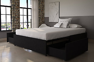 Are you tight on space and need bedroom storage? Discover the youthful charm of the Maven full platform bed in gray linen. Hidden on each side is a roll-out drawer for extra storage—perfect for keeping your bedding, extra pillows, seasonal clothes, books and whatever else. The bed couldn’t be more comfortable. Its bentwood slat system allows air to circulate freely about the mattress to help keep it fresh longer. The slats also provide ample back support and pressure distribution. This bed's metal side and center rails, and center leg, deliver additional support—something that's critical for great sleep and feeling well rested. Plus, no box spring or foundation is needed. Mattress available, sold separately.Includes bentwood slats and metal rails | Modern low profile design with 2 roll-out storage drawers | Linen upholstery on platform | Metal side rails for stability and durability | Center metal rail and leg for added support | Bentwood slat support system eliminates need for foundation/box spring and provides better ventilation | Mattress available, sold separately | Assembly required