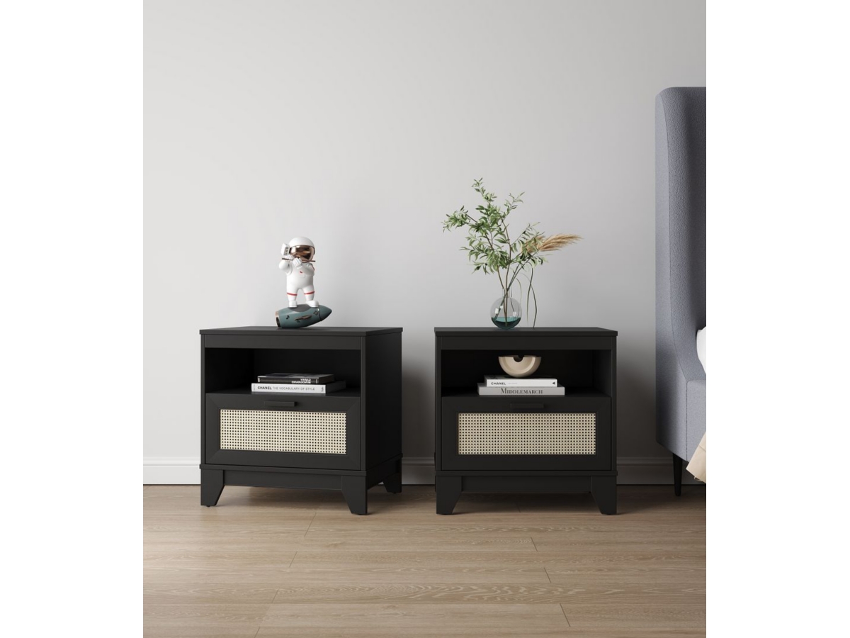 Manhattan Comfort Sheridan Cane 1-Drawer Nightstand Set of 2, Black, large - mixing furniture styles