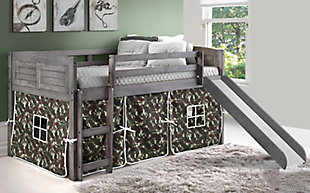 Donco Kids Louver Twin Loft Bed with Slide and Tent, Antique Gray/Camo, rollover