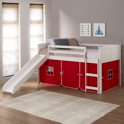 Donco Kids Louver Twin Loft Bed with Slide and Tent, White/Red