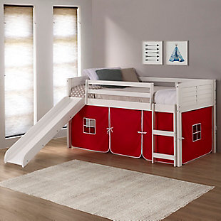 Donco Kids Louver Twin Loft Bed with Slide and Tent, White/Red, rollover