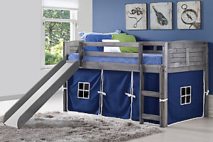 Donco Kids Louver Twin Loft Bed with Slide and Tent, Antique Gray/Blue, rollover