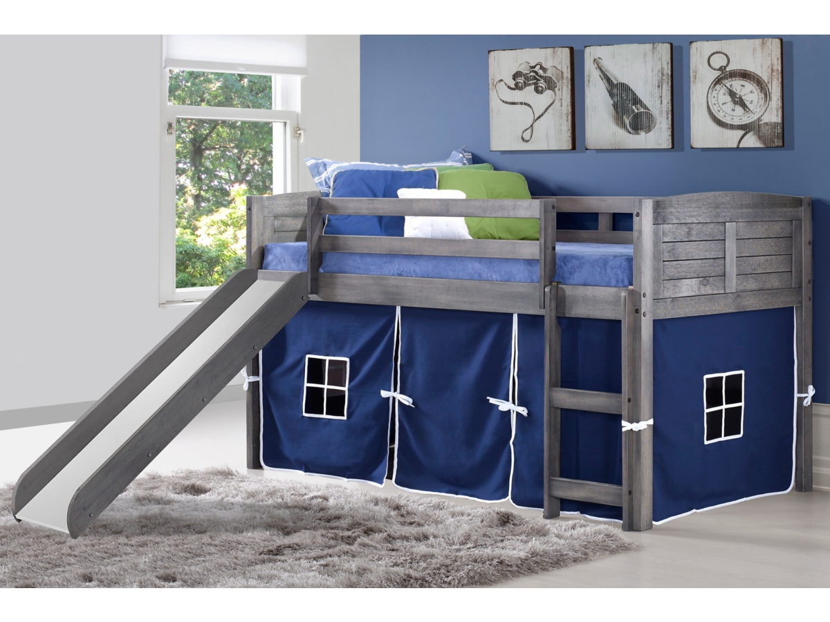 Donco Kids Louver Twin Loft Bed with Slide and Tent Ashley