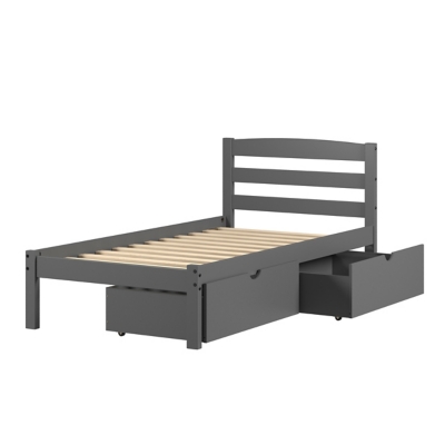 3D rendering of a grey bed frame with built-in drawers and storage