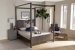 Baxton Studio Nata Upholstered and Oak Wood Queen Platform Canopy Bed, Gray, rollover