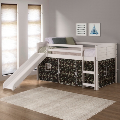 Donco Kids Louver Twin Loft Bed with Slide and Tent, White/Camo