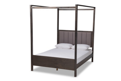 Baxton Studio Nata Upholstered and Oak Wood Platform Canopy Bed, Gray, grid