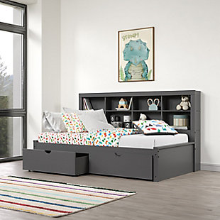 Donco Kids Bookcase Twin Daybed with Dual Underbed Drawers, Dark Gray, rollover