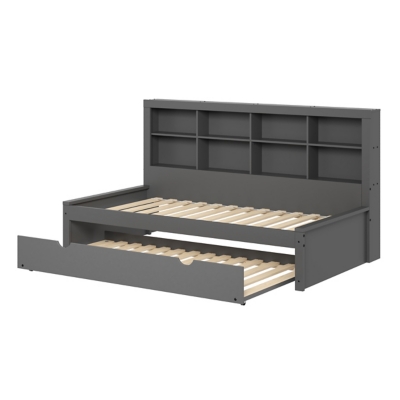 Charcoal kids twin daybed frame with slat platform and bookcase headboard