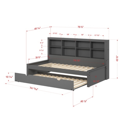 Dimensions diagram for kids twin daybed with bookcase headboard and trundle