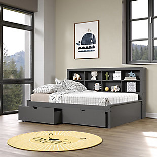 Donco Kids Bookcase Full Daybed with Dual Underbed Drawers, Dark Gray, rollover