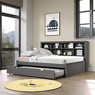 Donco Kids Bookcase Full Daybed with Twin Trundle, Dark Gray, rollover