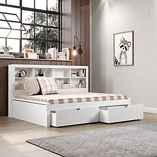 Donco Kids Bookcase Full Daybed with Dual Underbed Drawers, White, rollover