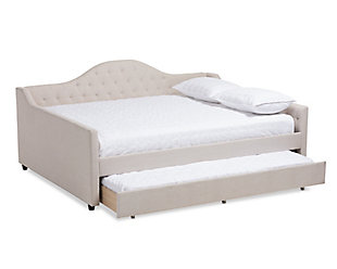 Curved Upholstered Queen Daybed with Trundle, Beige, large