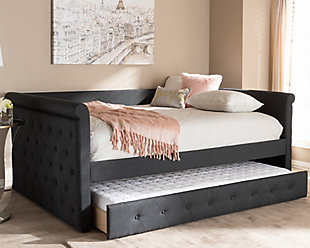Button Tufted Upholstered Full Daybed with Trundle, Dark Gray, rollover