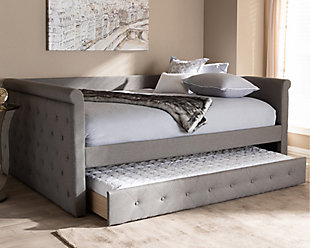 Button Tufted Upholstered Full Daybed with Trundle, Gray, rollover