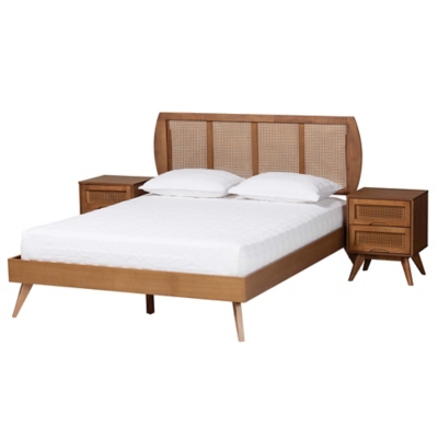 Baxton Studio Asami Queen Panel Bed with 2 Nightstands, Walnut Brown, large