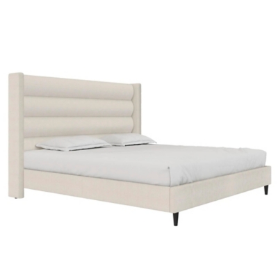 Novogratz Louis King Upholstered Bed Frame with Tufted Headboard, Ivory, grid