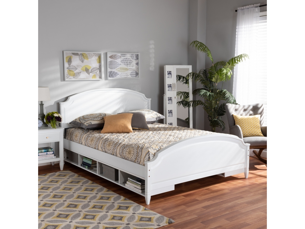 Baxton Studio Elise Classic and Traditional Transitional White Finished Wood Queen Size Storage Platform Bed
