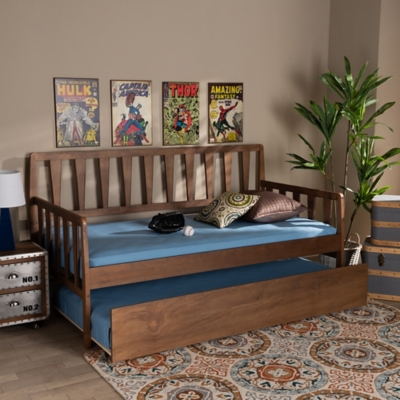 Baxton Studio Midori Transitional Walnut Brown Finished Wood Twin Size Daybed with Roll-Out Trundle Bed, , large