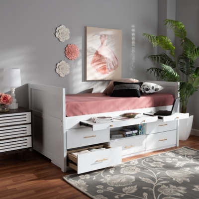 Baxton Studio Mirza Modern And Contemporary White Finished Wood 5 Drawer Twin Size Storage Bed With Pull Out Desk Ashley Furniture Homestore