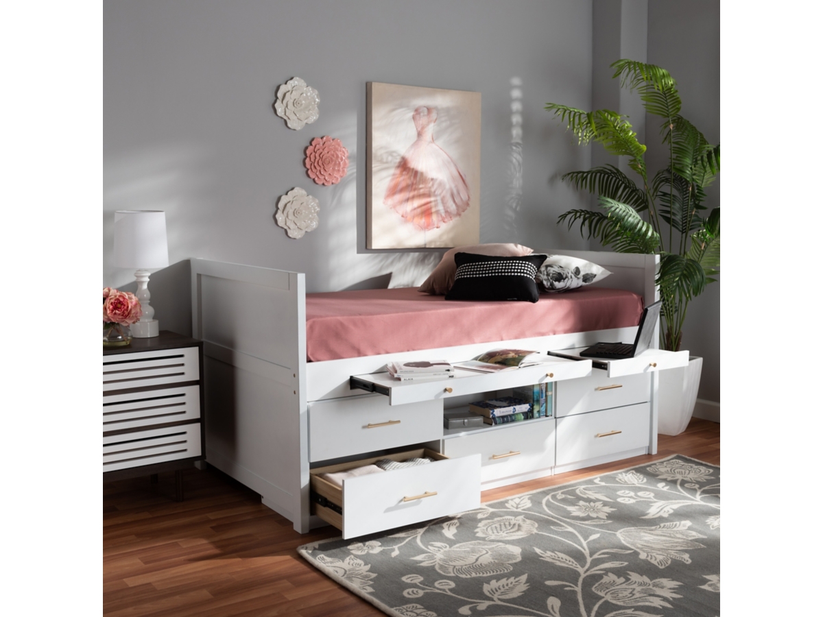 Baxton Studio Mirza Wood 5 Drawer Twin Storage Bed with Pull Out Desk