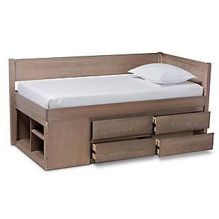 Save space while maintaining a cool, contemporary look with the Levon bed. Made in Malaysia, this wooden bed showcases an antique oak finish that conveys a calm, natural feel. Four spacious drawers provide space to store clothing, while three open shelves provide room for books and knick-knacks. Assembly is required a box spring is not needed, as the Levon comes with internal slats for mattress support. With its smart, compact design, the Levon bed is a versatile addition to any space.Constructed from rubberwood and MDF wood | Antique oak finish | Four (4) drawers | Three (3) shelves