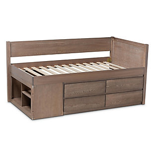 Save space while maintaining a cool, contemporary look with the Levon bed. Made in Malaysia, this wooden bed showcases an antique oak finish that conveys a calm, natural feel. Four spacious drawers provide space to store clothing, while three open shelves provide room for books and knick-knacks. Assembly is required a box spring is not needed, as the Levon comes with internal slats for mattress support. With its smart, compact design, the Levon bed is a versatile addition to any space.Constructed from rubberwood and MDF wood | Antique oak finish | Four (4) drawers | Three (3) shelves