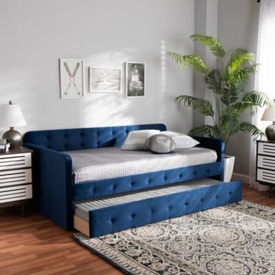 Baxton Studio Jona Transitional Navy Blue Velvet Upholstered and Button Tufted Twin Size Daybed with Trundle, Blue, large