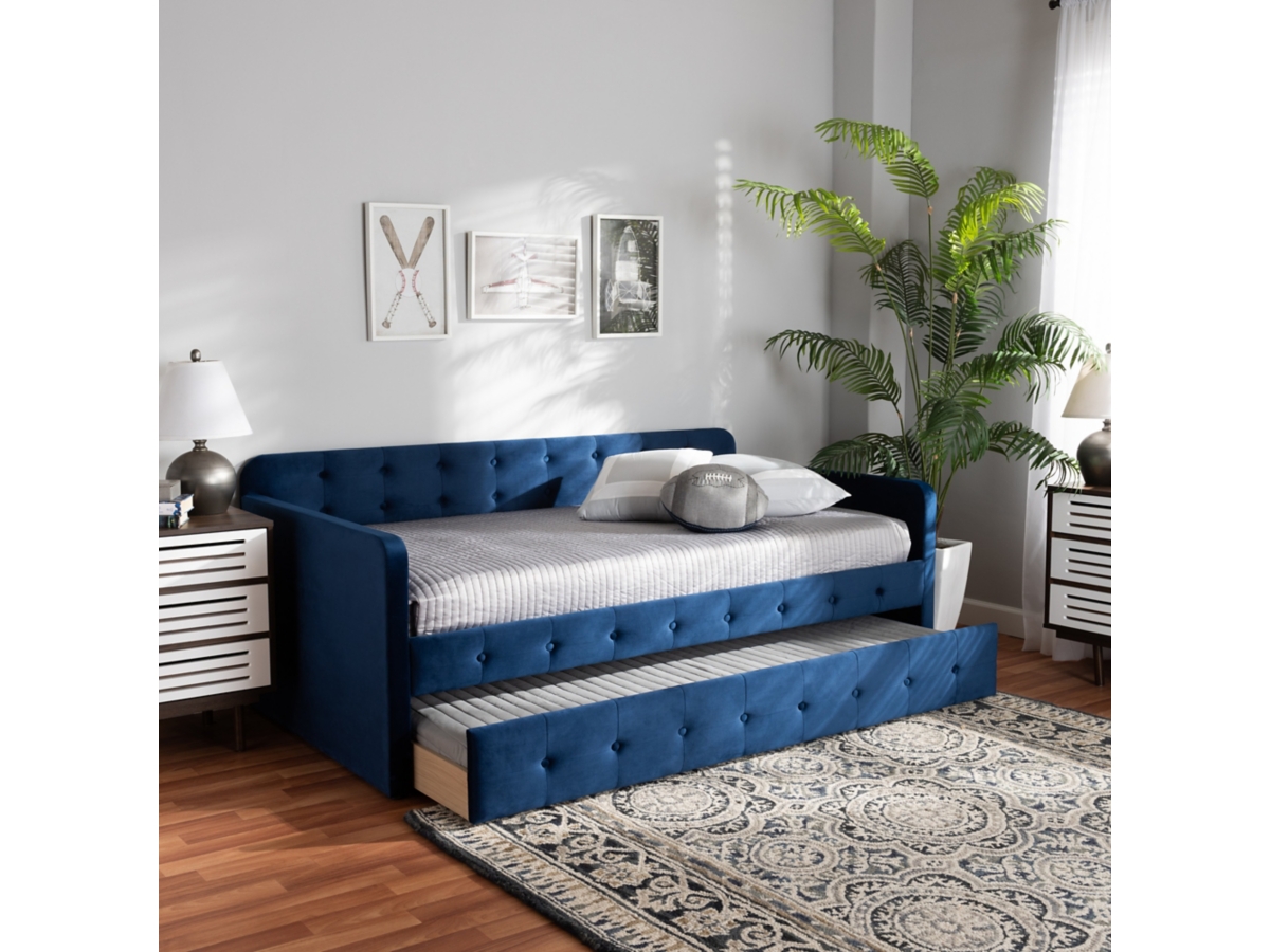 Baxton Studio Jona Velvet Upholstered and Button Tufted Twin Daybed with Trundle