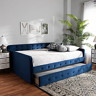Baxton Studio Jona Transitional Navy Blue Velvet Upholstered and Button Tufted Full Size Daybed with Trundle, Blue, rollover