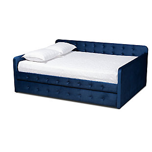 Baxton Studio Jona Transitional Navy Blue Velvet Upholstered and Button Tufted Full Size Daybed with Trundle, Blue, large