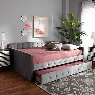 Baxton Studio Jona Transitional Grey Velvet Upholstered and Button Tufted Full Size Daybed with Trundle, Gray, rollover