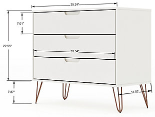 The Rockefeller dresser and nightstand set is the perfect accompaniment to any bedroom space with ample storage and minimalistic mid-century modern style. Cutout handles keep the piece feeling fresh with three drawers made easy for stowing away clothing, personal items and beyond. A display top allows for sharing favorite framed family photos, travel trinkets, perfume trays or a decorative lamp. Set under a mirror or painting to complete your space with these instant bedroom focal points.Includes dresser and nightstand | Mid-century white modern dresser and nightstand for bedroom use | Choose your handle design when the product is in your home (option for cut-out edge handle, or flush design look) | Fashionable wire splayed legs made of metal for extra durability | Option to fit up to a 32" TV stand, with an 11 lb. capacity per shelf | Home assembly required (all hardware included) | Ships in 2 boxes