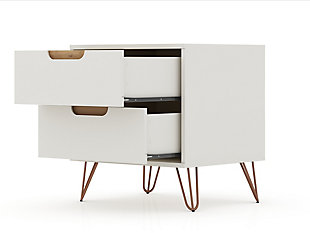 The Rockefeller dresser and nightstand set is the perfect accompaniment to any bedroom space with ample storage and minimalistic mid-century modern style. Cutout handles keep the piece feeling fresh with three drawers made easy for stowing away clothing, personal items and beyond. A display top allows for sharing favorite framed family photos, travel trinkets, perfume trays or a decorative lamp. Set under a mirror or painting to complete your space with these instant bedroom focal points.Mid-century white modern dresser and nightstand for bedroom use (includes dresser and nightstand) | Option to fit up to a 32" TV stand, with an 11 lb. capacity per shelf | Choose your handle design when the product is in your home (option for cut-out edge handle, or flush design look) | Fashionable wire splayed legs made of metal for extra durability | Home assembly required (all hardware included) | Ships in 2 boxes