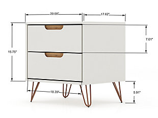 The Rockefeller dresser and nightstand set is the perfect accompaniment to any bedroom space with ample storage and minimalistic mid-century modern style. Cutout handles keep the piece feeling fresh with three drawers made easy for stowing away clothing, personal items and beyond. A display top allows for sharing favorite framed family photos, travel trinkets, perfume trays or a decorative lamp. Set under a mirror or painting to complete your space with these instant bedroom focal points.Mid-century white modern dresser and nightstand for bedroom use (includes dresser and nightstand) | Option to fit up to a 32" TV stand, with an 11 lb. capacity per shelf | Choose your handle design when the product is in your home (option for cut-out edge handle, or flush design look) | Fashionable wire splayed legs made of metal for extra durability | Home assembly required (all hardware included) | Ships in 2 boxes