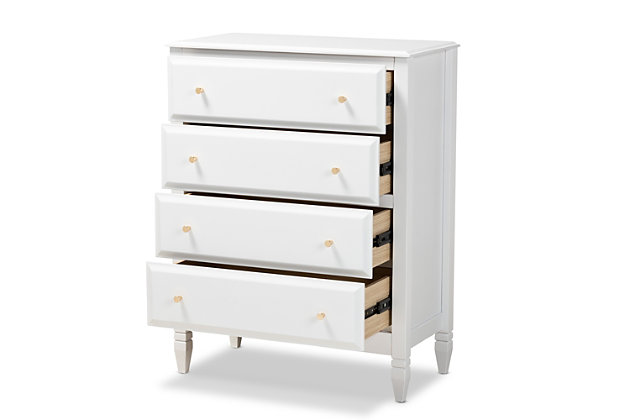 A classic silhouette receives a glamorous update in the Naomi chest. Made in Malaysia, this wooden chest displays a polished white finish that brightens any space. The tabletop is well suited for a lamp and trinkets, while four drawers provide ample storage space for clothing and linens. Each drawer is adorned with a striking gold-tone knob that adds a touch of glamour. Inspired by traditional design, the Naomi features tapered feet with recessed detailing. Requiring assembly, the Naomi chest strikes the optimal balance between classic and contemporary for a look that enhances any bedroom.  Classic and transitional chest | White finish | Four (4) drawers | Round gold-tone metal knobs | Tapered feet | Assembly required