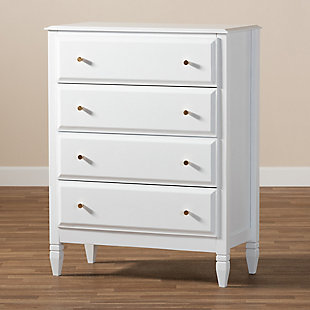 A classic silhouette receives a glamorous update in the Naomi chest. Made in Malaysia, this wooden chest displays a polished white finish that brightens any space. The tabletop is well suited for a lamp and trinkets, while four drawers provide ample storage space for clothing and linens. Each drawer is adorned with a striking gold-tone knob that adds a touch of glamour. Inspired by traditional design, the Naomi features tapered feet with recessed detailing. Requiring assembly, the Naomi chest strikes the optimal balance between classic and contemporary for a look that enhances any bedroom.  Classic and transitional chest | White finish | Four (4) drawers | Round gold-tone metal knobs | Tapered feet | Assembly required