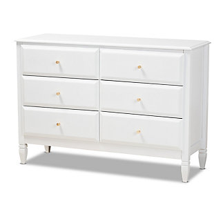 A classic silhouette receives a glamorous update in the Naomi dresser. Made in Malaysia, this wooden dresser displays a polished white finish that brightens any space. The tabletop is well suited for a lamp and trinkets, while six drawers provide ample storage space for clothing and linens. Each drawer is adorned with a striking gold-tone knob that adds a touch of glamour. Inspired by traditional design, the Naomi features tapered feet with recessed detailing. Requiring assembly, the Naomi dresser strikes the optimal balance between classic and contemporary for a look that enhances any bedroom.  Classic and transitional dresser | White finish | Six (6) drawers | Round gold-tone metal knobs | Tapered feet | Assembly required