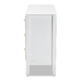 A classic silhouette receives a glamorous update in the Naomi dresser. Made in Malaysia, this wooden dresser displays a polished white finish that brightens any space. The tabletop is well suited for a lamp and trinkets, while six drawers provide ample storage space for clothing and linens. Each drawer is adorned with a striking gold-tone knob that adds a touch of glamour. Inspired by traditional design, the Naomi features tapered feet with recessed detailing. Requiring assembly, the Naomi dresser strikes the optimal balance between classic and contemporary for a look that enhances any bedroom.  Classic and transitional dresser | White finish | Six (6) drawers | Round gold-tone metal knobs | Tapered feet | Assembly required