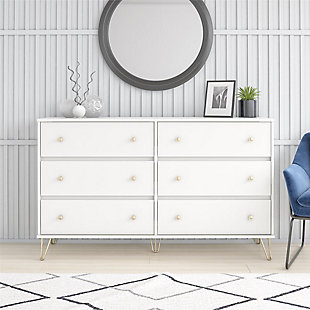 Free up closet space with the Novogratz Finley 6 Drawer Dresser. The white finish on the laminated particleboard adds a modern touch while the gold metal hairpin legs bring a mid-century retro feel for a stylish piece you will love. Declutter your closet by storing away your folded t-shirts, jeans, and extra linens in the 6 spacious drawers. The durable metal slides on each drawer make opening and closing the drawers easy and smooth. Display decorations and family photos and the top surface. A wall anchor kit is included to properly secure the Dresser to the wall to prevent tipping injuries and keep your family safe. The 6 Drawer Dresser ships flat to your door in 2 boxes and requires assembly upon opening. Two adults are recommended to assemble. Once assembled, the dresser measures to be 36.81"H x 61.65"W x 19.69"D.Organize your bedroom and closet with the Novogratz Finley 6 Drawer Dresser | Made of laminated particleboard and metal legs, the white finish and gold hairpin legs gives the dresser a mid-century modern style | Store your folded t-shirts, jeans, and pajamas in the 6 spacious drawers that feature durable metal slides for years of use. Display photos and decorations on the top surface | Finish your room with the entire Finley collection for a coordinated look (each sold separately) | The 6 Drawer Dresser ships flat to your door in 2 boxes and 2 adults are recommended to assemble. The top surface can hold 75 lbs. and each drawer will support up to 35 lbs. Assembled dimensions: 36.81"H x 61.65"W x 19.69"D | Wall anchor kit is included to secure the dresser to the wall and prevent tipping injuries | Assembly Required  | 1 year limited warranty included